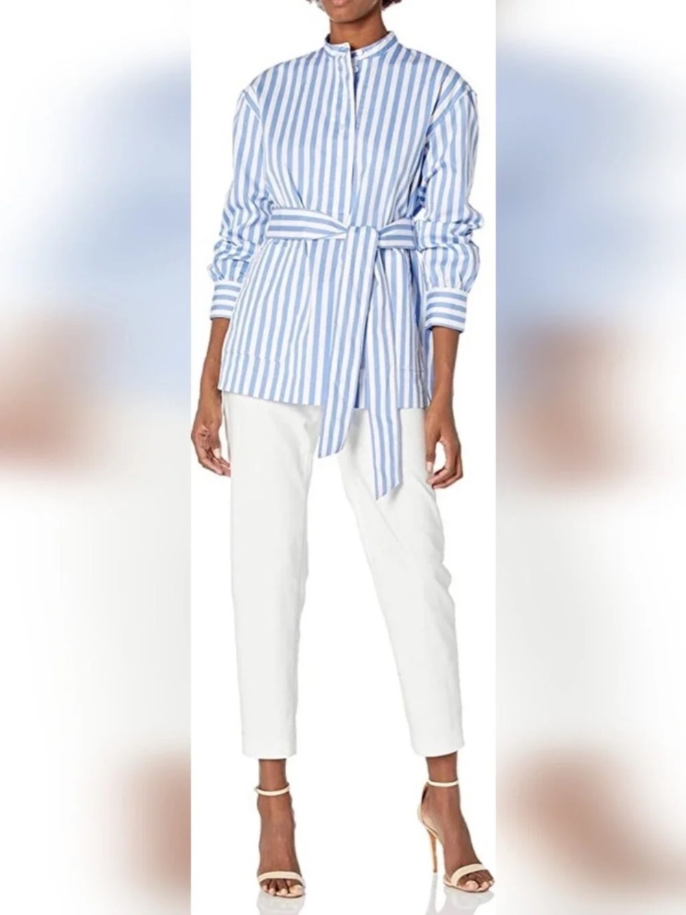 Club Monaco Blue White Striped Belted Half Placket Tunic Shirt Dress